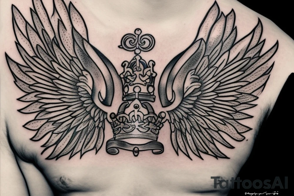 Crown and angel wings. Under corwn and between wings title "Born to be first" and under this title "since sep 18" tattoo idea