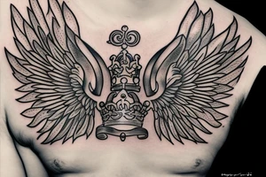 Crown and angel wings. Under corwn and between wings title "Born to be first" and under this title "since sep 18" tattoo idea