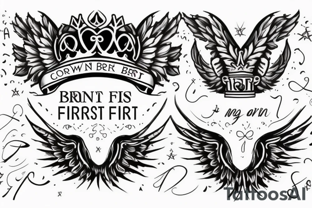 Crown and angel wings. Under corwn and between wings text "Born to be first" and under text "since sep 18" tattoo idea