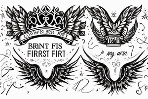 Crown and angel wings. Under corwn and between wings text "Born to be first" and under text "since sep 18" tattoo idea