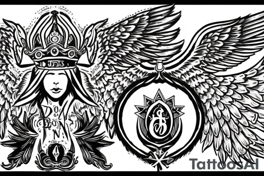 Crown and angel wings. Under corwn and between wings text "Born to be first" and under text "since sep 18" tattoo idea