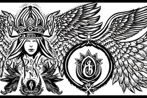 Crown and angel wings. Under corwn and between wings text "Born to be first" and under text "since sep 18" tattoo idea