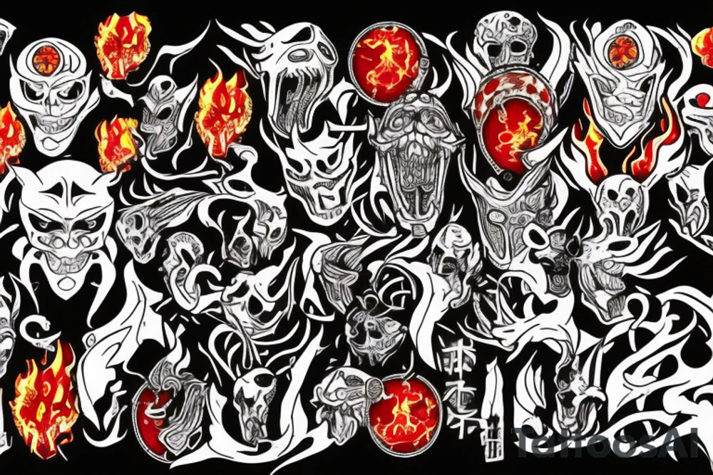 masked man standing in front of the fiery gates of hell tattoo idea