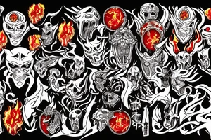 masked man standing in front of the fiery gates of hell tattoo idea