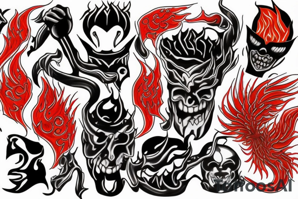 masked man standing in front of the fiery gates of hell tattoo idea