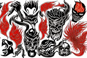 masked man standing in front of the fiery gates of hell tattoo idea
