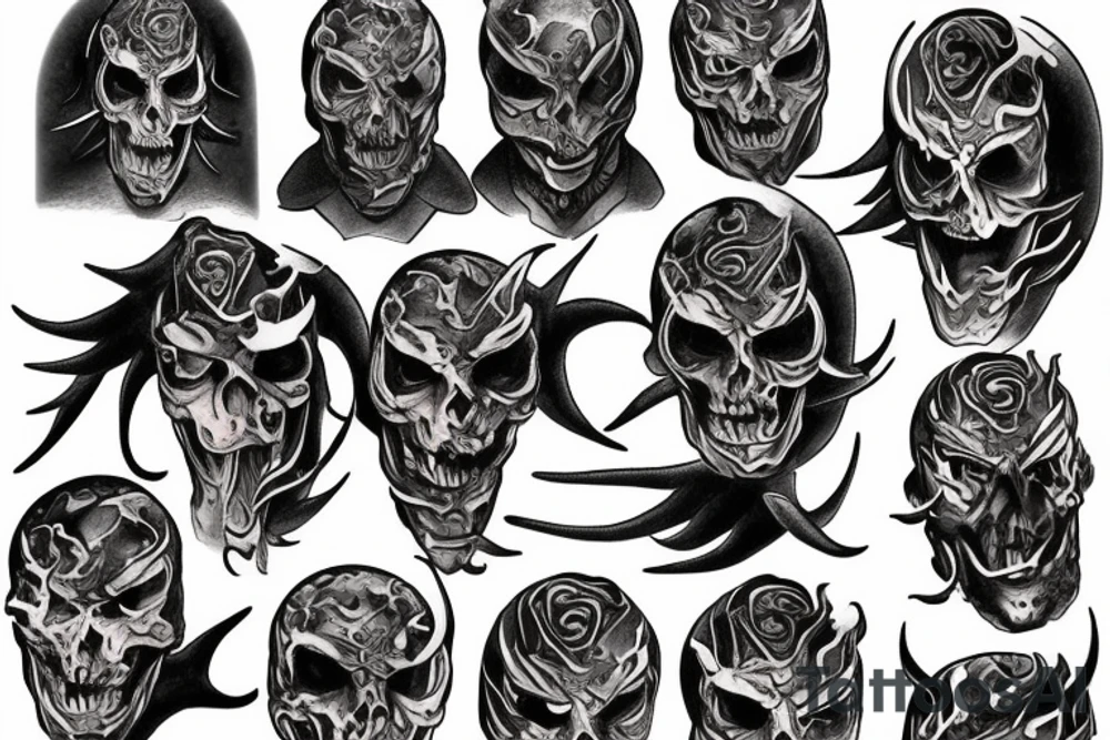 masked man standing in front of the fiery gates of hell tattoo idea