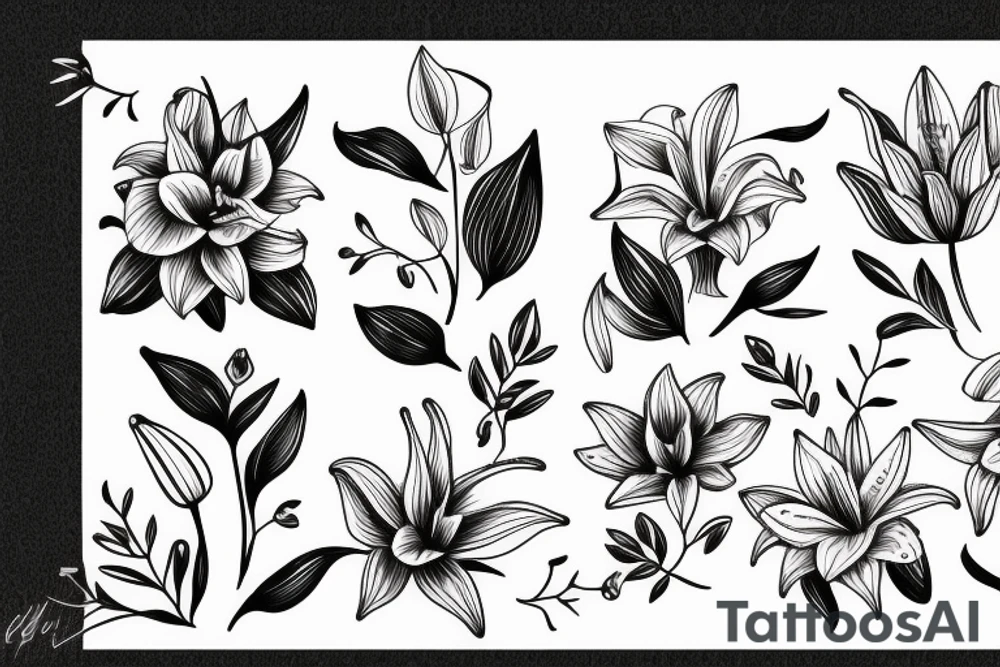 Lilies, leaves, floral tattoo idea