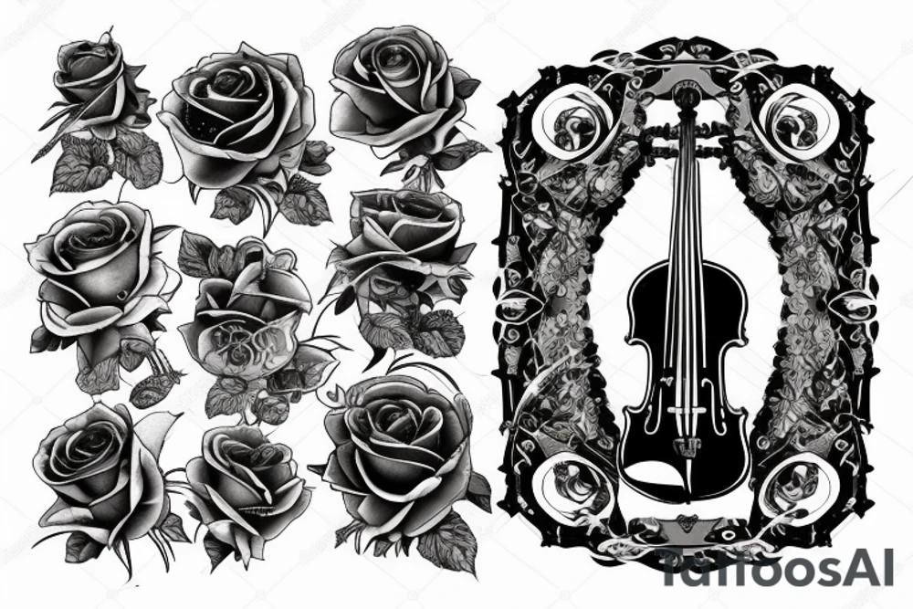 Steam-powered violin with deck made from roses tattoo idea Steam-powered violin with deck made from roses tattoo idea
