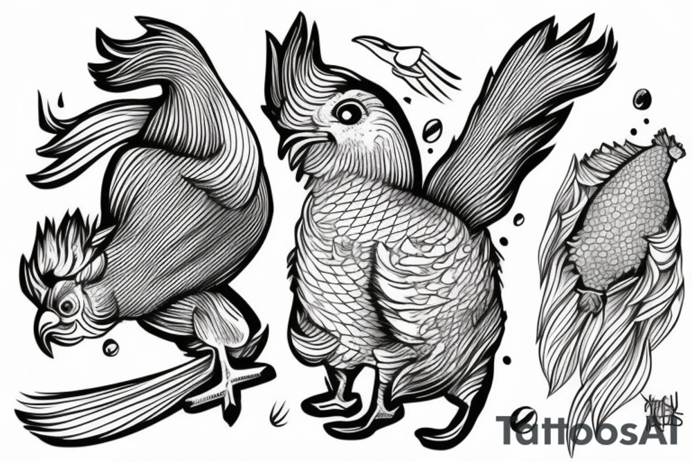 Skateboarding chicken with fish head tattoo idea