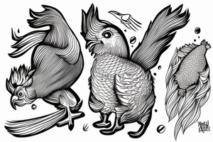 Skateboarding chicken with fish head tattoo idea