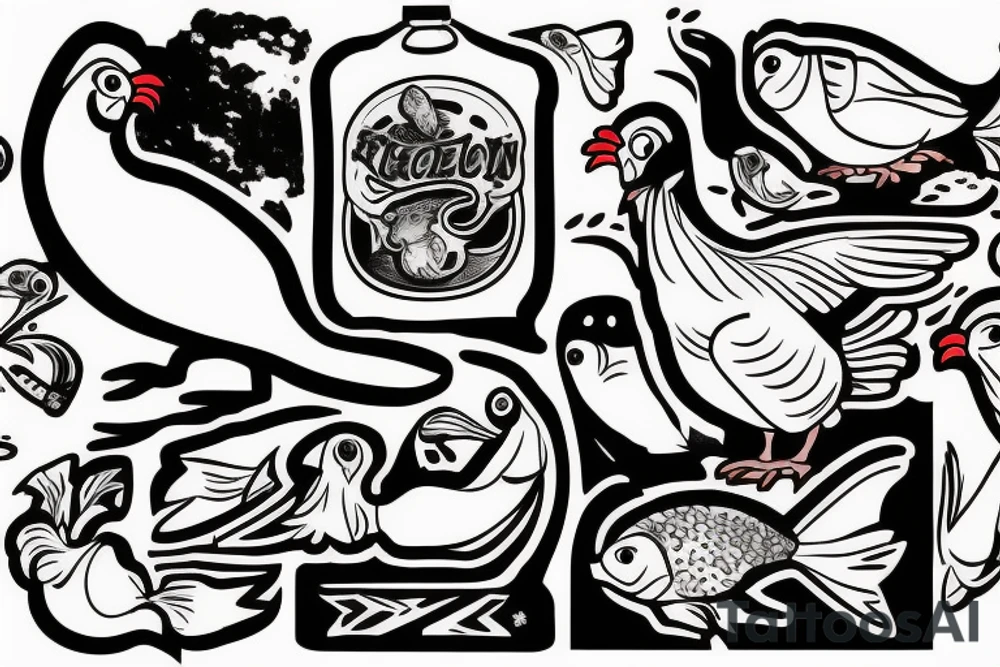 Skateboarding chicken with fish head tattoo idea