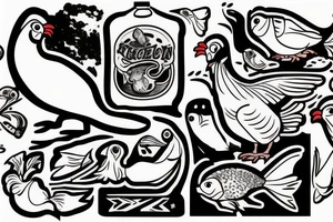 Skateboarding chicken with fish head tattoo idea