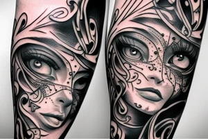 Mysterious eyes full arm tattoo tattoo idea