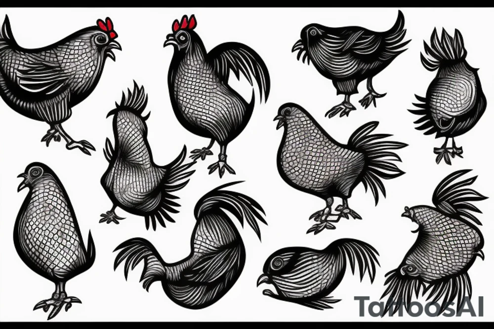 Skateboarding chicken with fish head tattoo idea