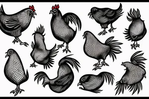 Skateboarding chicken with fish head tattoo idea