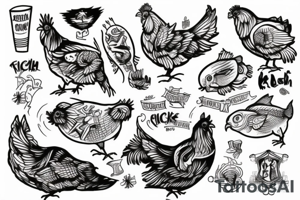 Skateboarding chicken with fish head tattoo idea