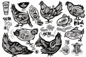 Skateboarding chicken with fish head tattoo idea