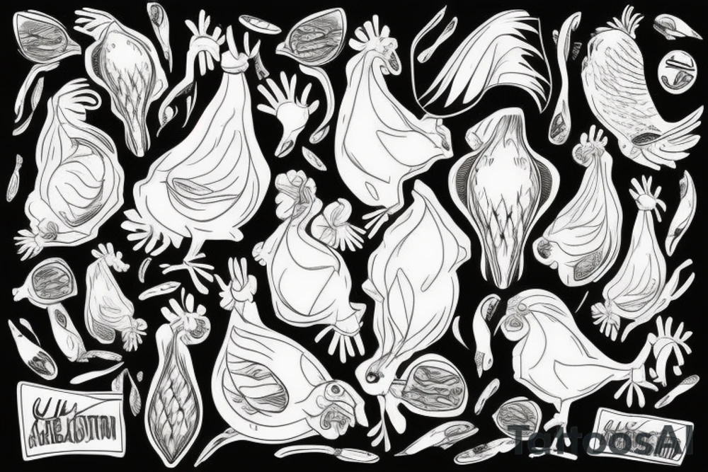 Skateboarding chicken mixed fish anatomy tattoo idea