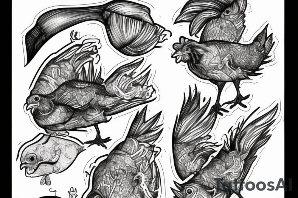 Skateboarding chicken mixed fish anatomy tattoo idea