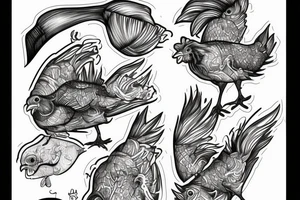 Skateboarding chicken mixed fish anatomy tattoo idea