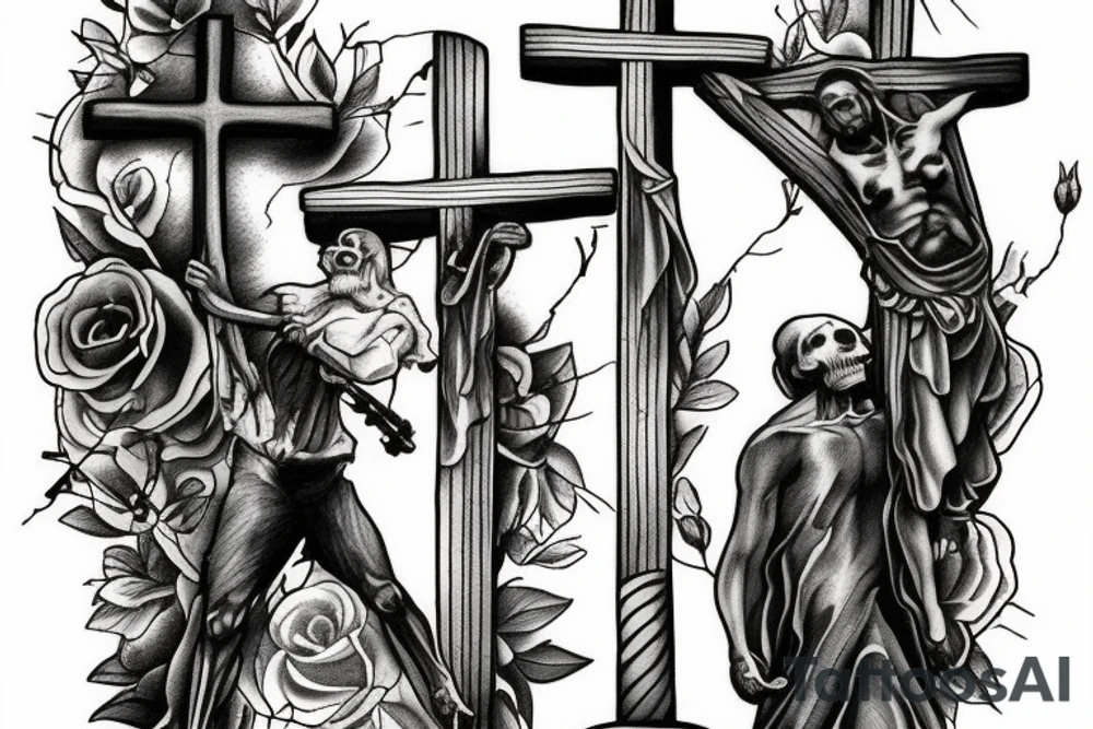 Skelton carrying the cross with quote “bear the cross” tattoo idea