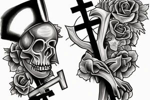 Skelton carrying the cross with quote “bear the cross” tattoo idea