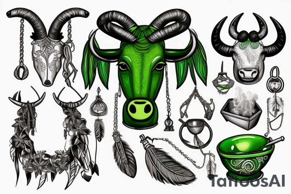 green bull head made from wood, steam from nose, libra chains on horns, feather in left bowl, realistic hart in rigth bowl tattoo idea