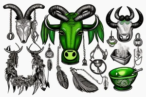 green bull head made from wood, steam from nose, libra chains on horns, feather in left bowl, realistic hart in rigth bowl tattoo idea