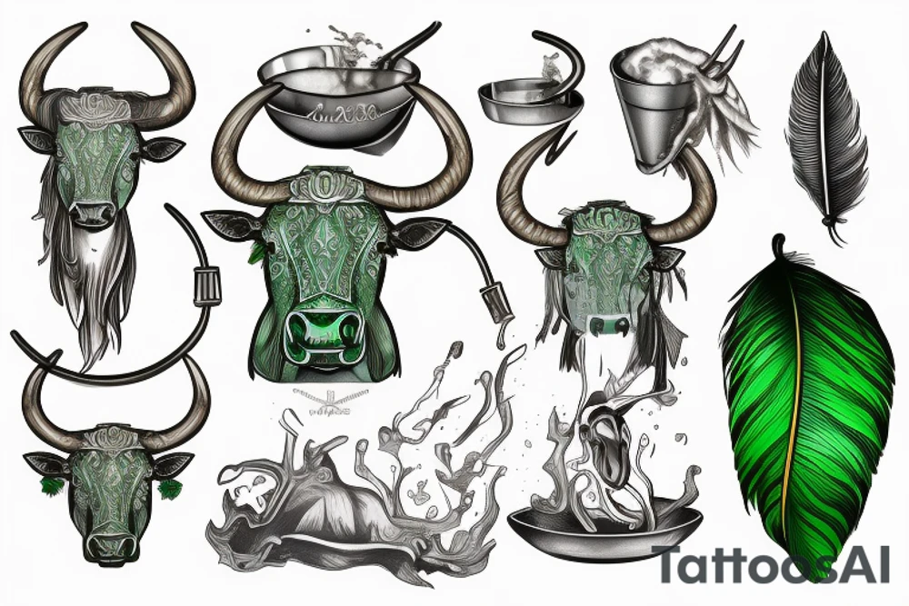green bull head made from wood, steam from nose, libra chains on horns, feather in left bowl, realistic hart in rigth bowl tattoo idea