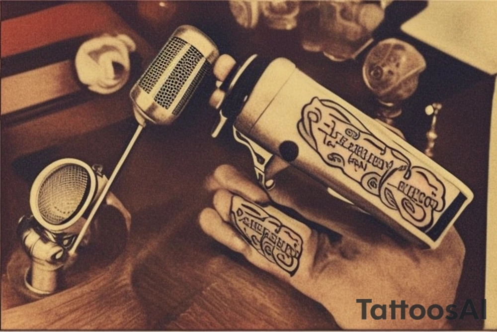 Hi there, I'm interested in getting a tattoo of a vintage microphone with the words "Speak Easy" above it, all in the style of 1930s America. I love the look of the bold, geometric shapes and Art Deco flourishes from that era, and I think it would be a really unique and meaningful tattoo for me. I'm open to different placement options, but I'm thinking either on my forearm or my upper back. Could you please create a design for me based on these ideas? Thank you! tattoo idea