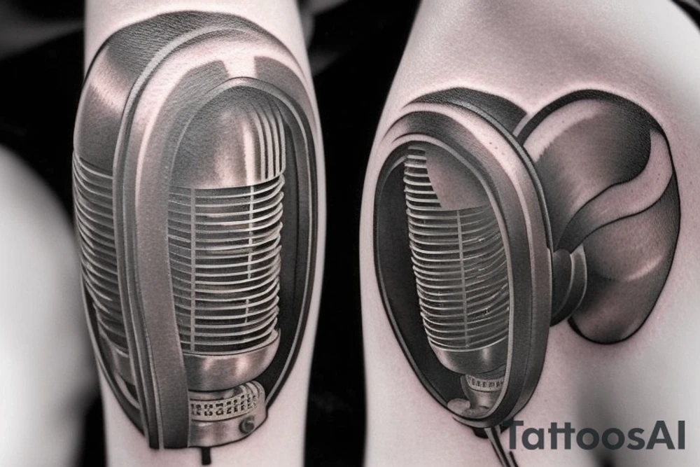 Hi there, I'm interested in getting a tattoo of a vintage microphone with the words "Speak Easy" above it, all in the style of 1930s America. I love the look of the bold, geometric shapes and Art Deco flourishes from that era, and I think it would be a really unique and meaningful tattoo for me. I'm open to different placement options, but I'm thinking either on my forearm or my upper back. Could you please create a design for me based on these ideas? Thank you! tattoo idea