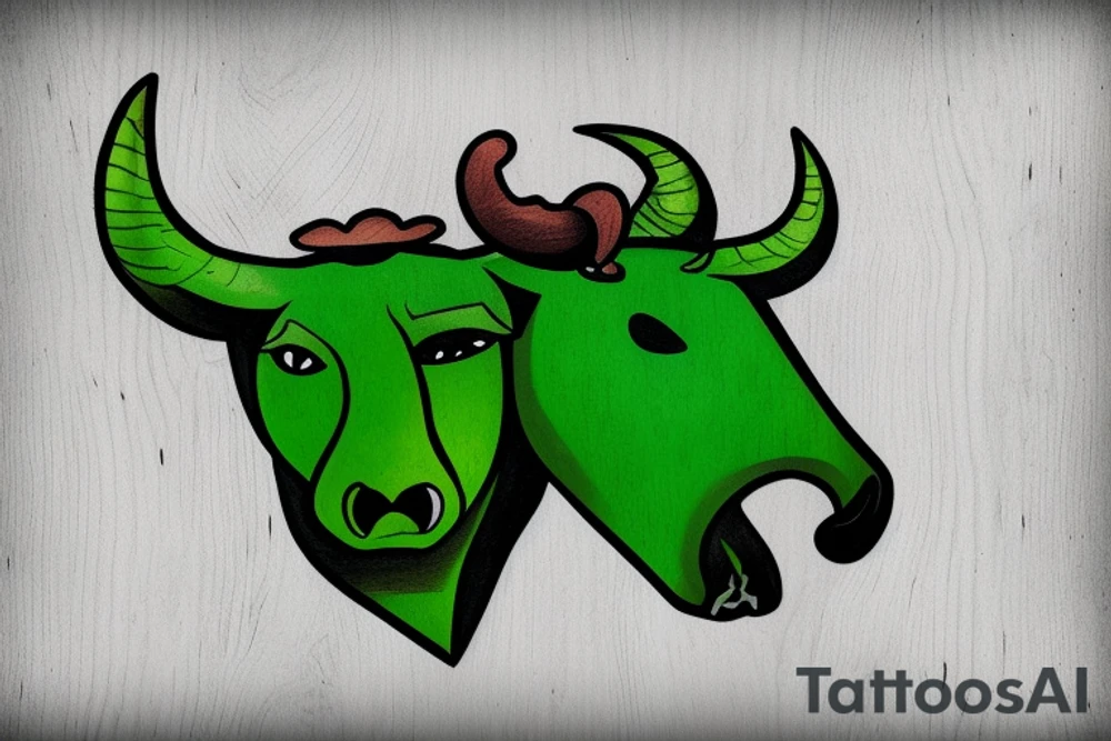 light green bull head made from wood, steam from nose, tattoo idea
