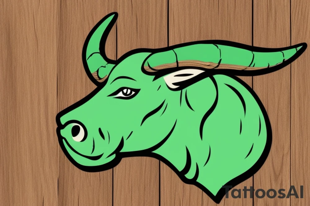 light green bull head made from wood, steam from nose, tattoo idea