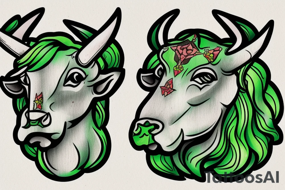 light green bull head made from wood, steam from nose, tattoo idea
