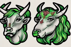 light green bull head made from wood, steam from nose, tattoo idea