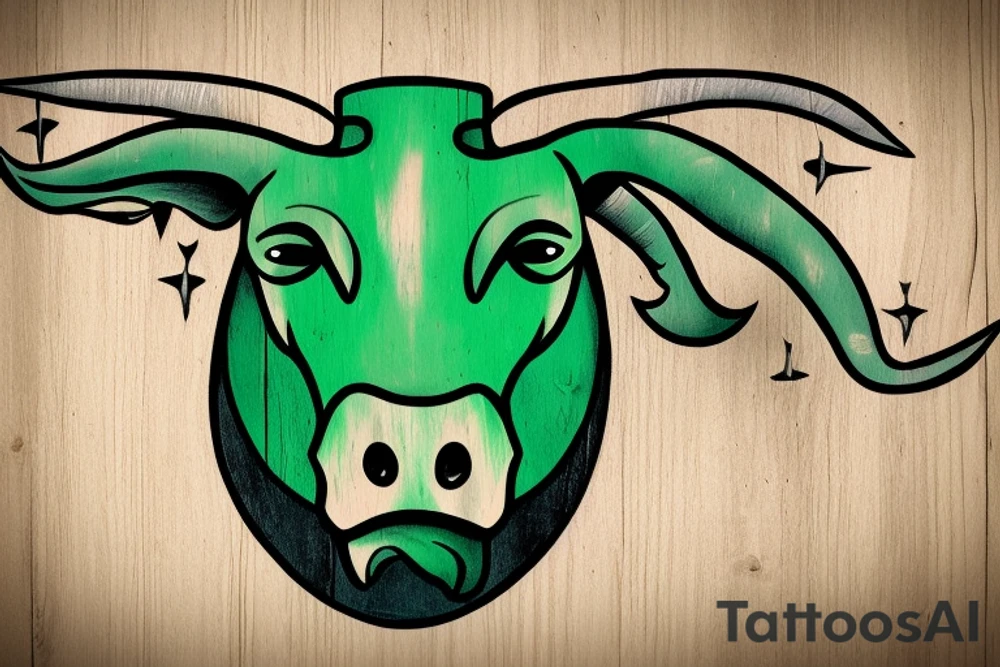 light green bull head made from wood, steam from nose, tattoo idea