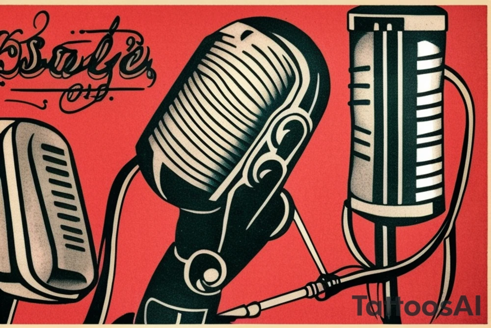 Hi there, I'm interested in getting a tattoo of a vintage microphone with the words "Speak Easy" above it, all in the style of 1930s America. I love the look of the bold, geometric shapes and Art Deco flourishes from that era, and I think it would be a really unique and meaningful tattoo for me. I'm open to different placement options, but I'm thinking either on my forearm or my upper back. Could you please create a design for me based on these ideas? Thank you! tattoo idea