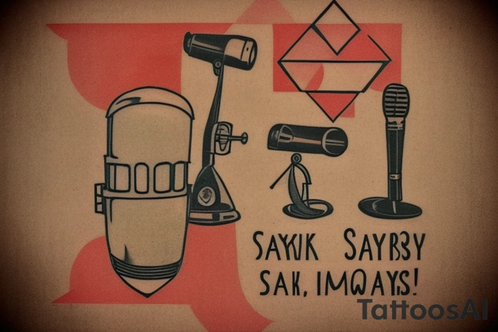 Hi there, I'm interested in getting a tattoo of a vintage microphone with the words "Speak Easy" above it, all in the style of 1930s America. I love the look of the bold, geometric shapes and Art Deco flourishes from that era, and I think it would be a really unique and meaningful tattoo for me. I'm open to different placement options, but I'm thinking either on my forearm or my upper back. Could you please create a design for me based on these ideas? Thank you! tattoo idea