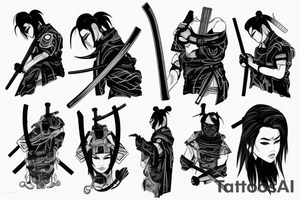 Cyberpunk samurai stay with his katana tattoo idea