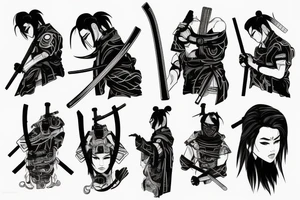 Cyberpunk samurai stay with his katana tattoo idea