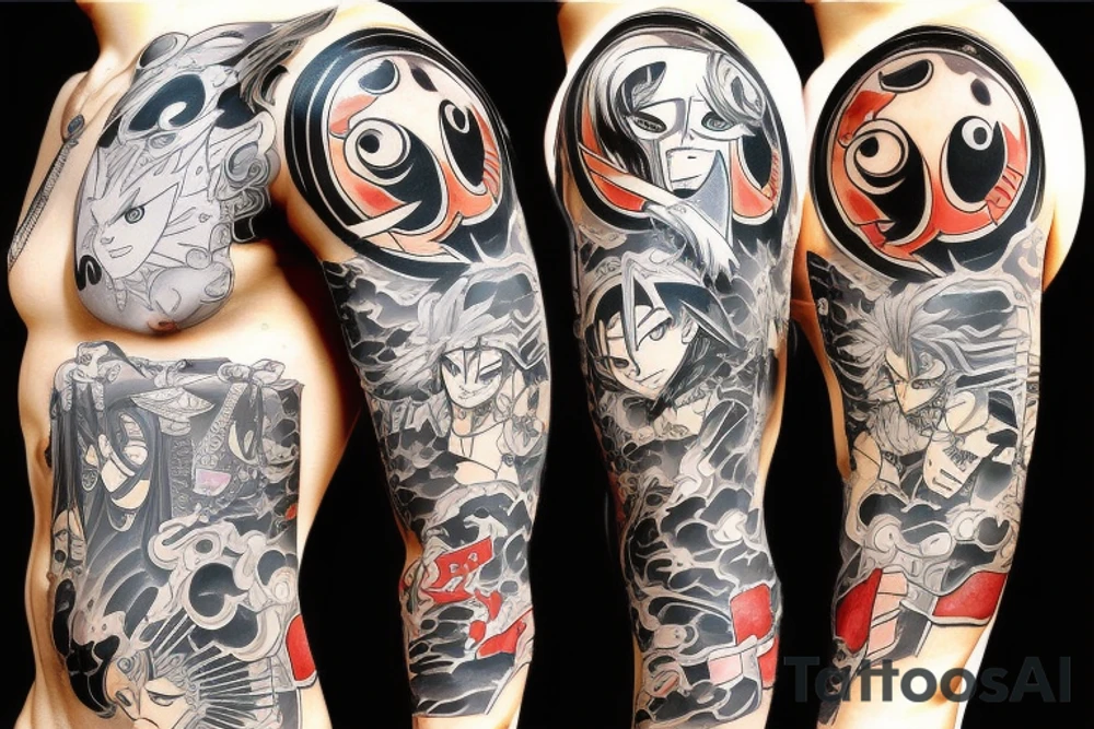 Shaman king characters In Japanese style. From chest to full Sleeve tattoo idea
