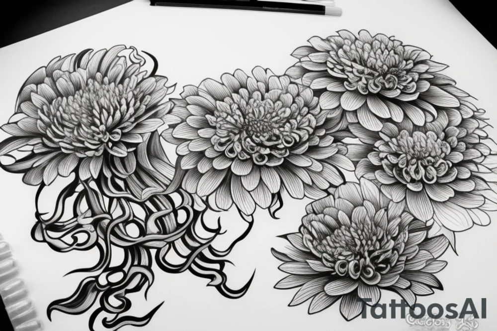 Octopus with Japanese style Chrysanthemums in the background tattoo idea