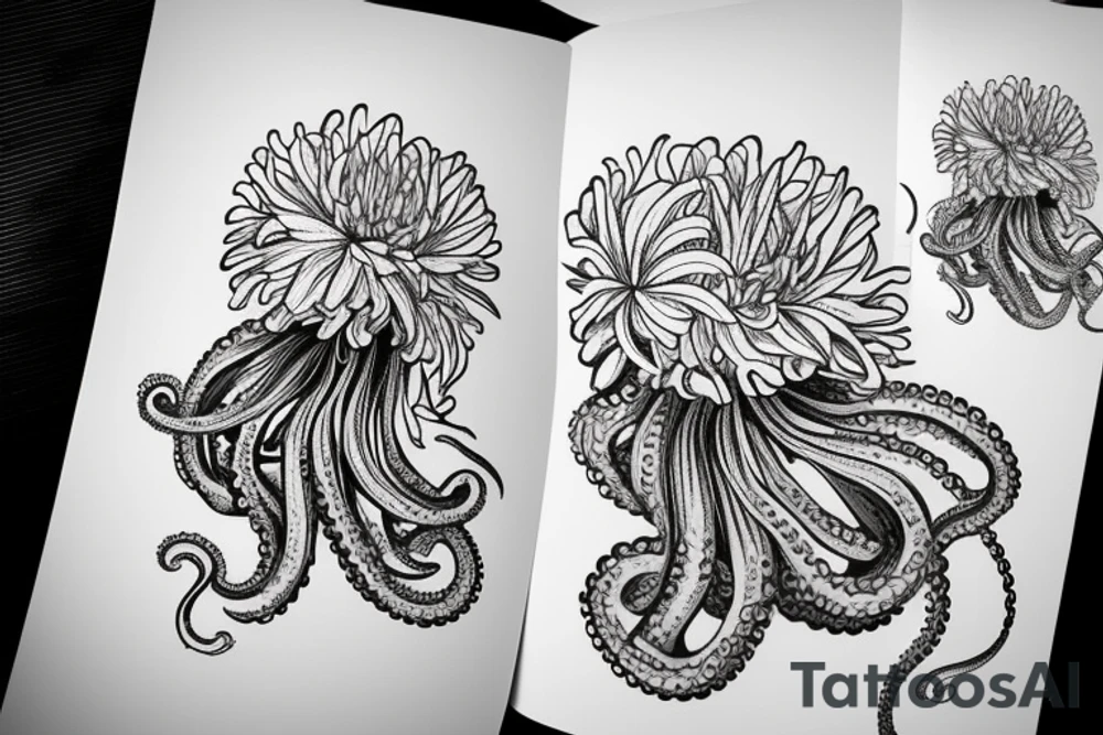 Octopus with Japanese style Chrysanthemums in the background tattoo idea