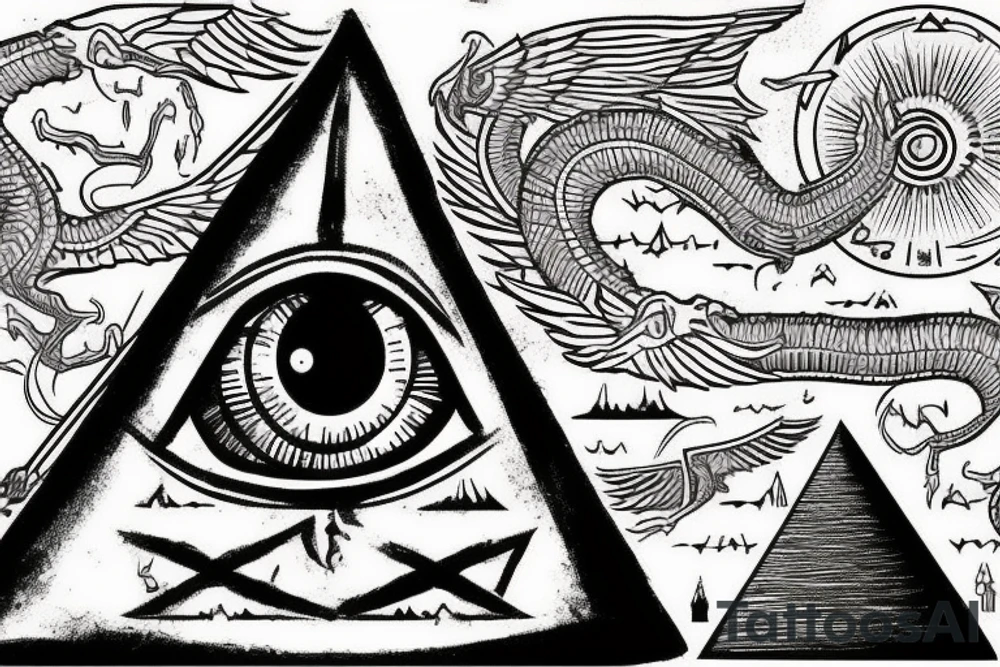 All seeing eye sitting on the tip of a Egyptian pyramid, dragons in the sky and in the foreground Jesus on the cross. tattoo idea