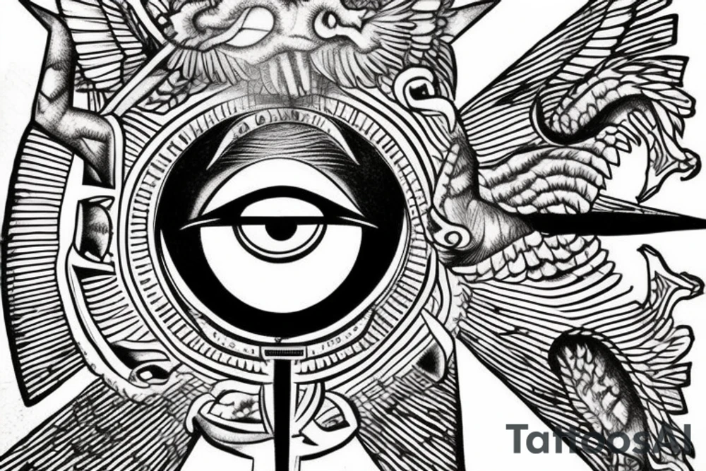 All seeing eye sitting on the tip of a Egyptian pyramid, dragons in the sky and in the foreground Jesus on the cross. tattoo idea