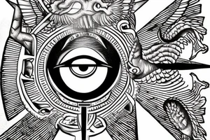 All seeing eye sitting on the tip of a Egyptian pyramid, dragons in the sky and in the foreground Jesus on the cross. tattoo idea