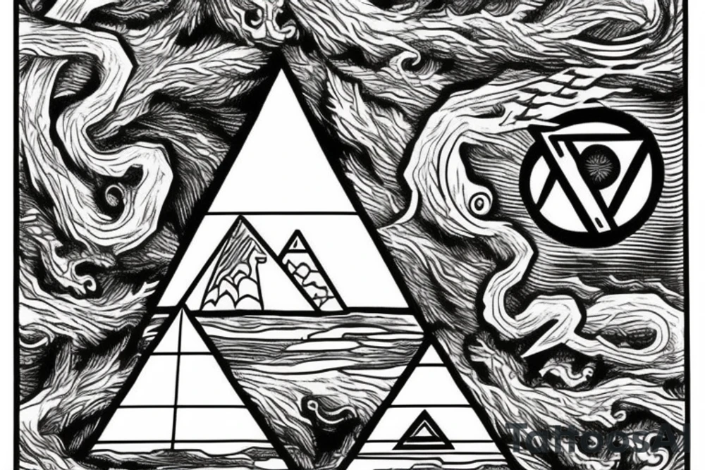 All seeing eye sitting on the tip of a Egyptian pyramid, dragons in the sky and in the foreground Jesus on the cross. tattoo idea