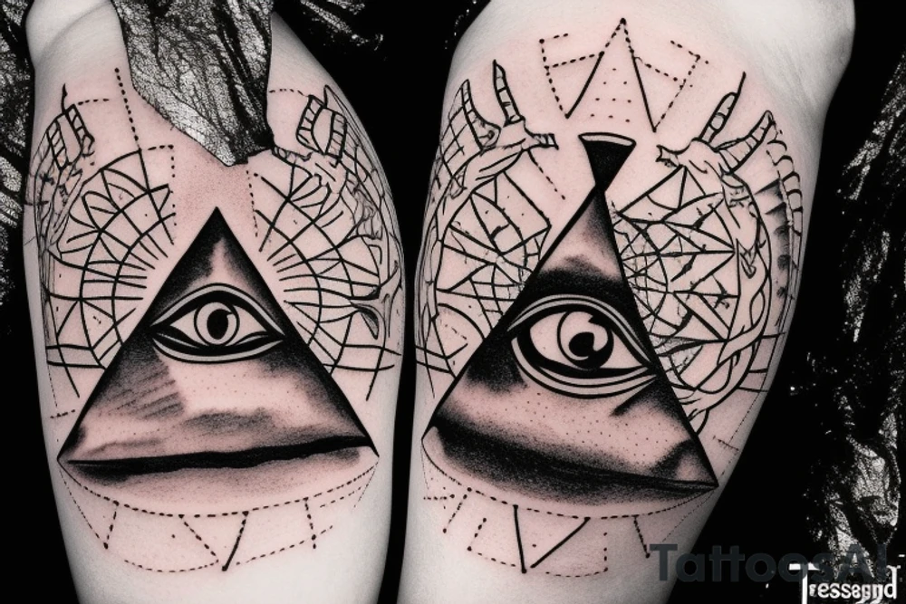 All seeing eye sitting on the tip of a Egyptian pyramid, dragons in the sky and in the foreground Jesus on the cross. tattoo idea