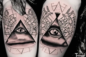 All seeing eye sitting on the tip of a Egyptian pyramid, dragons in the sky and in the foreground Jesus on the cross. tattoo idea